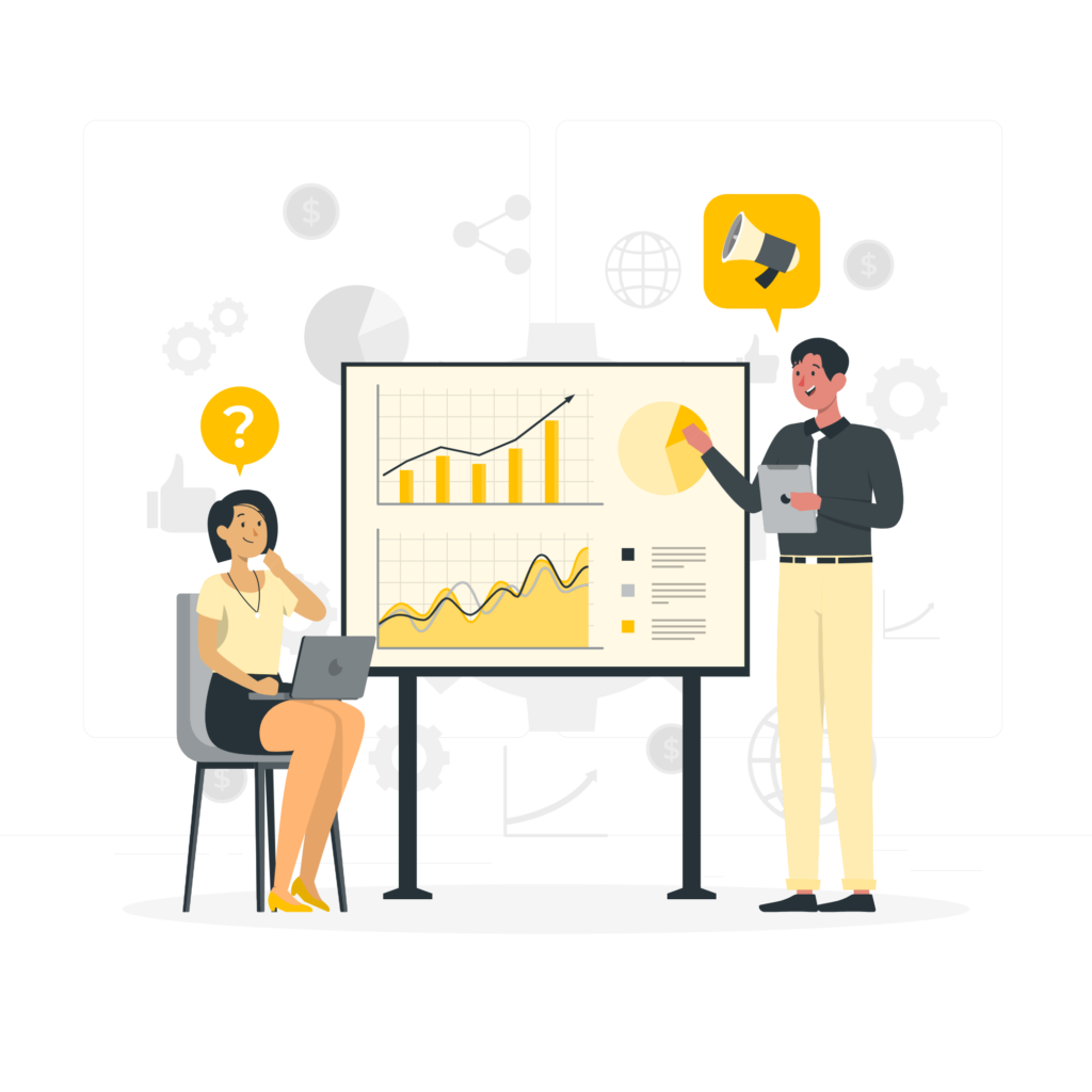 Marketing consulting team analyzing business growth charts and performance data.